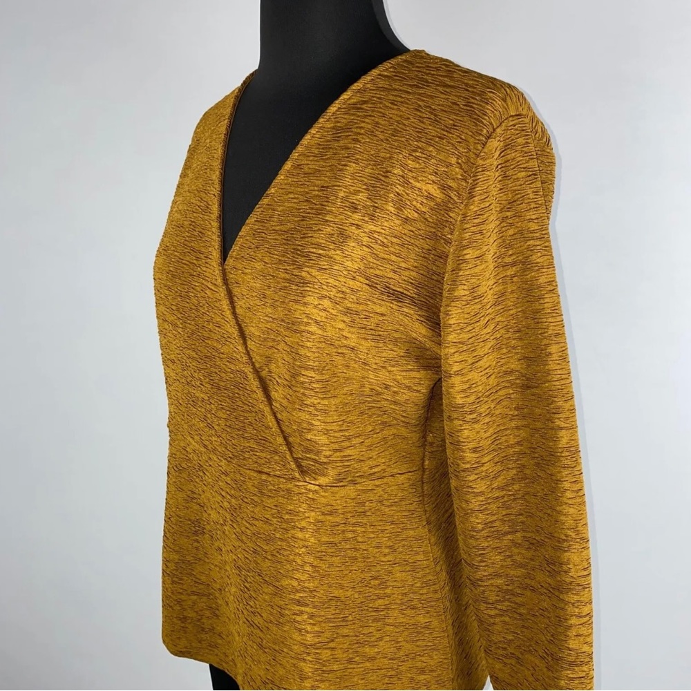 Ann Taylor Factory Women’s Textured Brown Long Sleeve V-Neck Top Tunic Faux Wrap - Picture 2 of 6